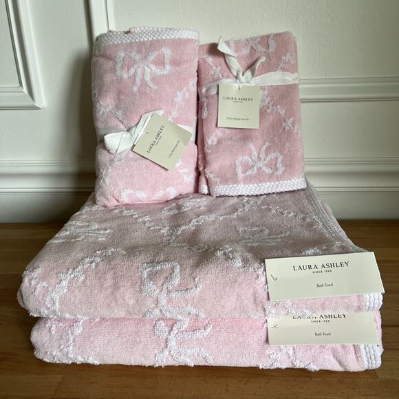6Pc Laura Ashley Petal Pink White Bows Kate Bow 2 Bath Towels 2 Hand 2 Fingertip - Picture 1 of 9
